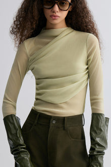 Velvet Mesh Asymmetric Draped Top Lime