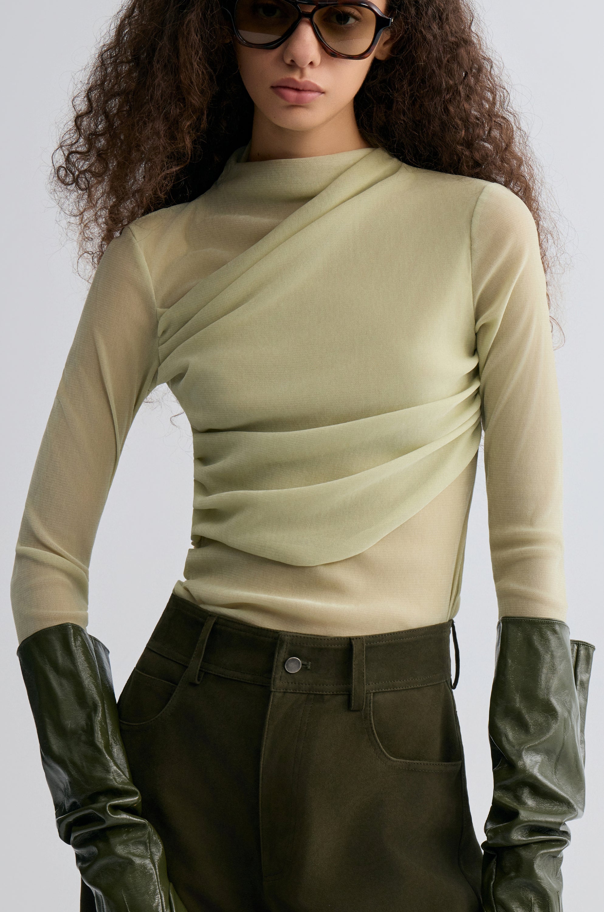 Velvet Mesh Asymmetric Draped Top Lime