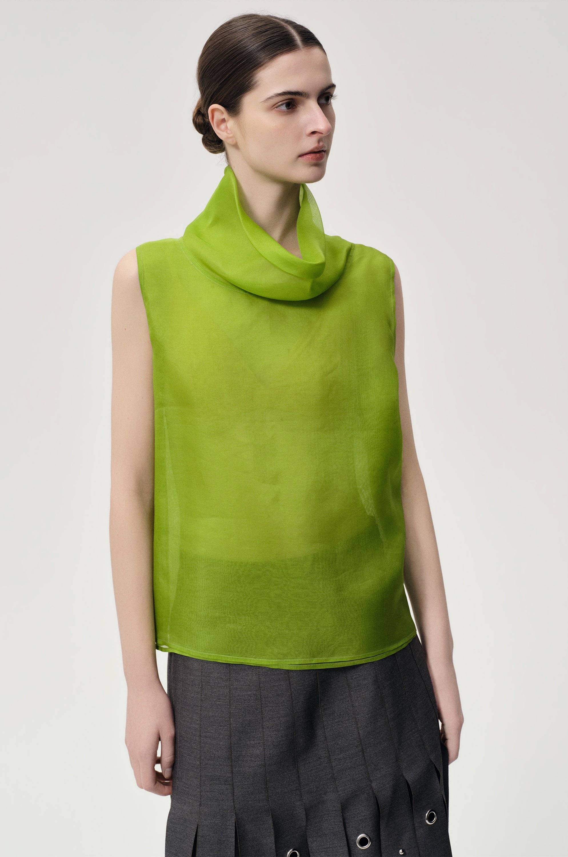 Silk Organza Turtleneck Top Ivy Green