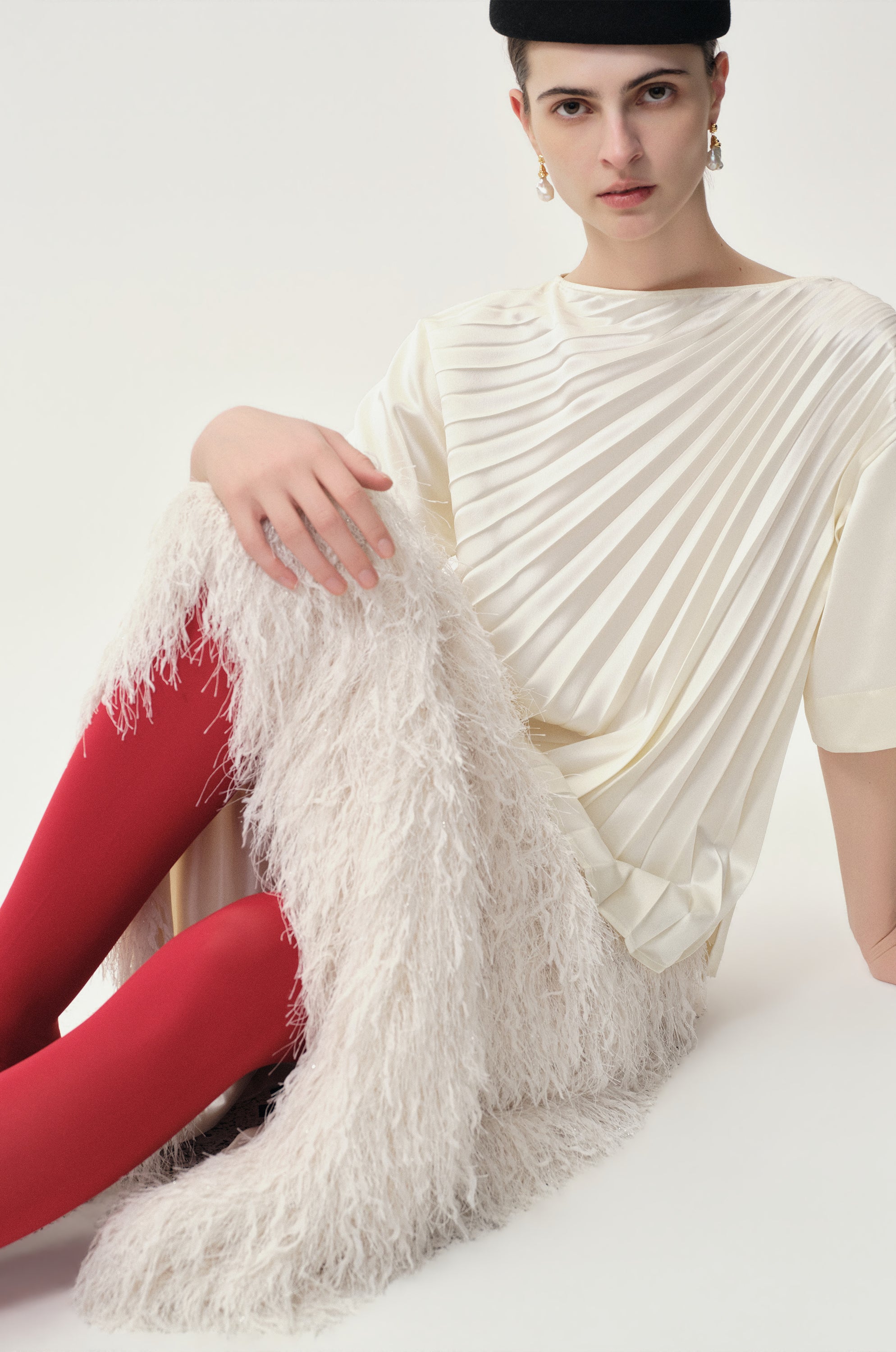 Asymmetrical Pleated Blouse Ecru