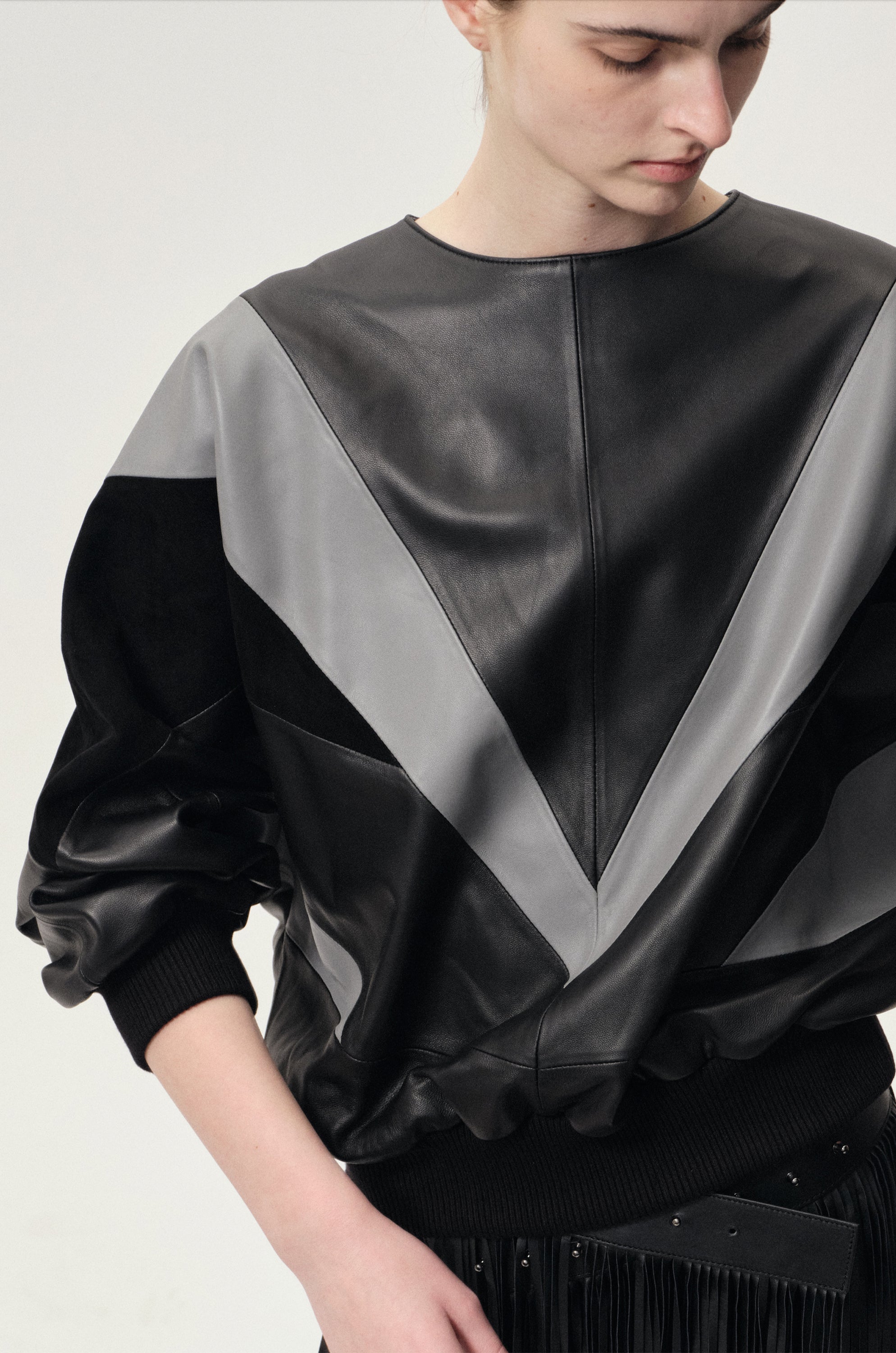 Patchwork Leather Sweater Black/Grey