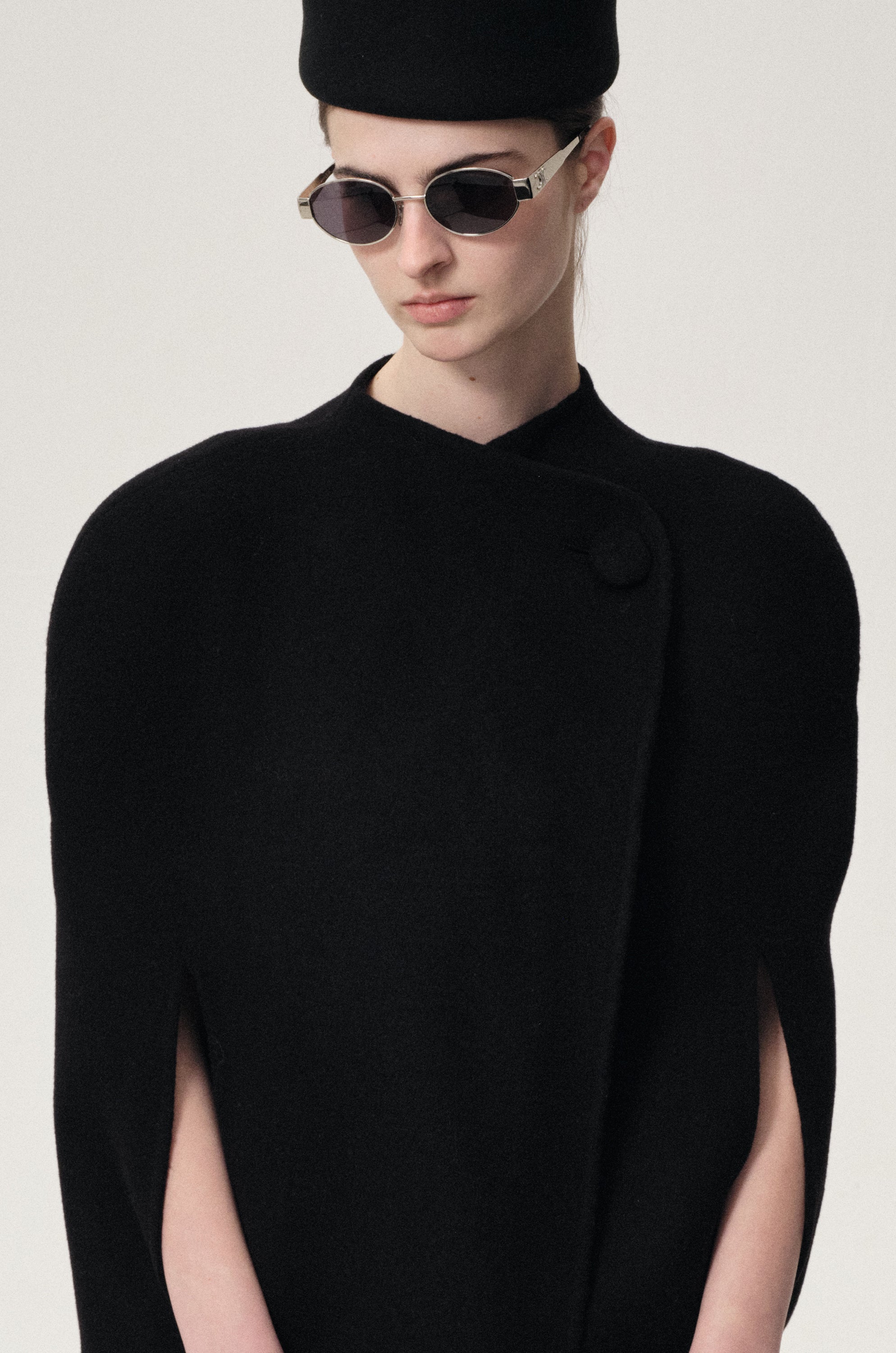Double-faced Sculptural Wool Cape Coat Black