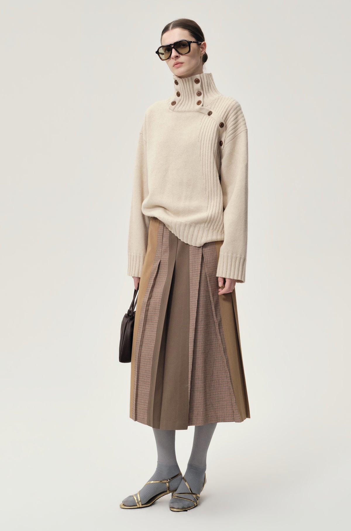 Pleated Color-block Skirt Camel