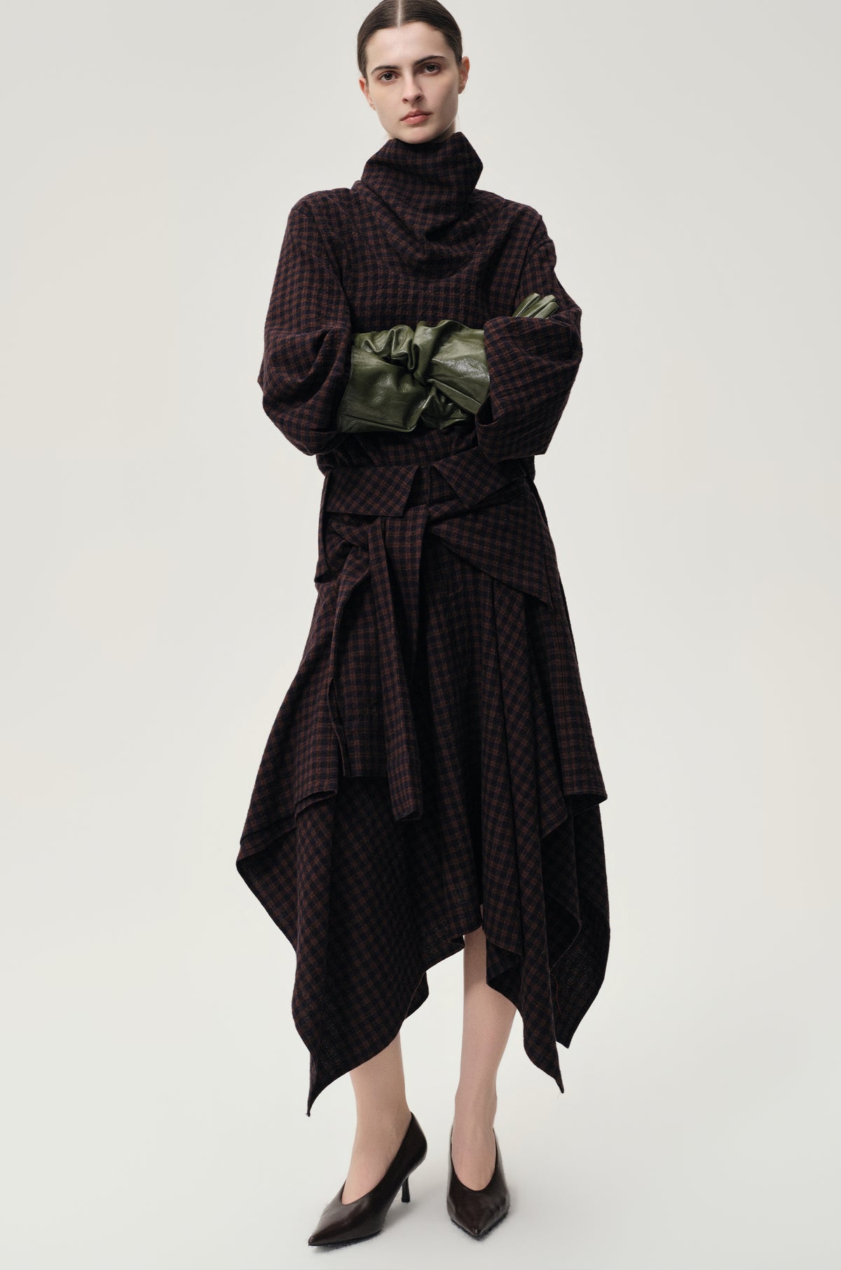 Check Wrap Wool Skirt Navy/Rum
