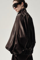Soft Pleated Balloon Leather Jakcet Dark Brown