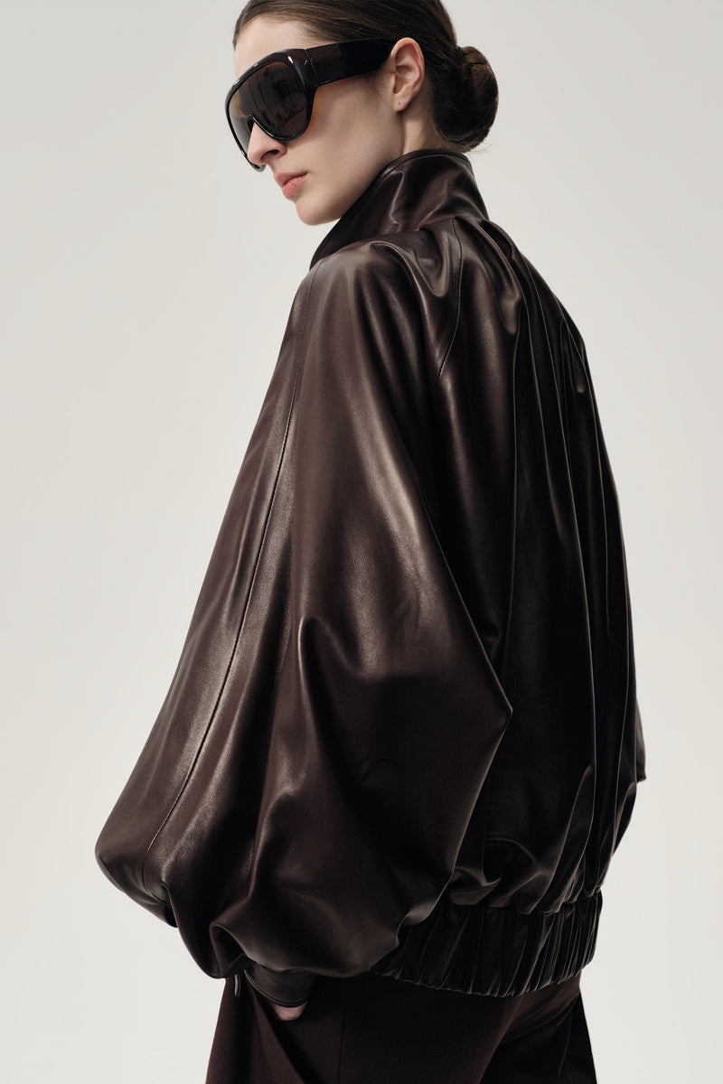 Soft Pleated Balloon Leather Jacket Dark Brown