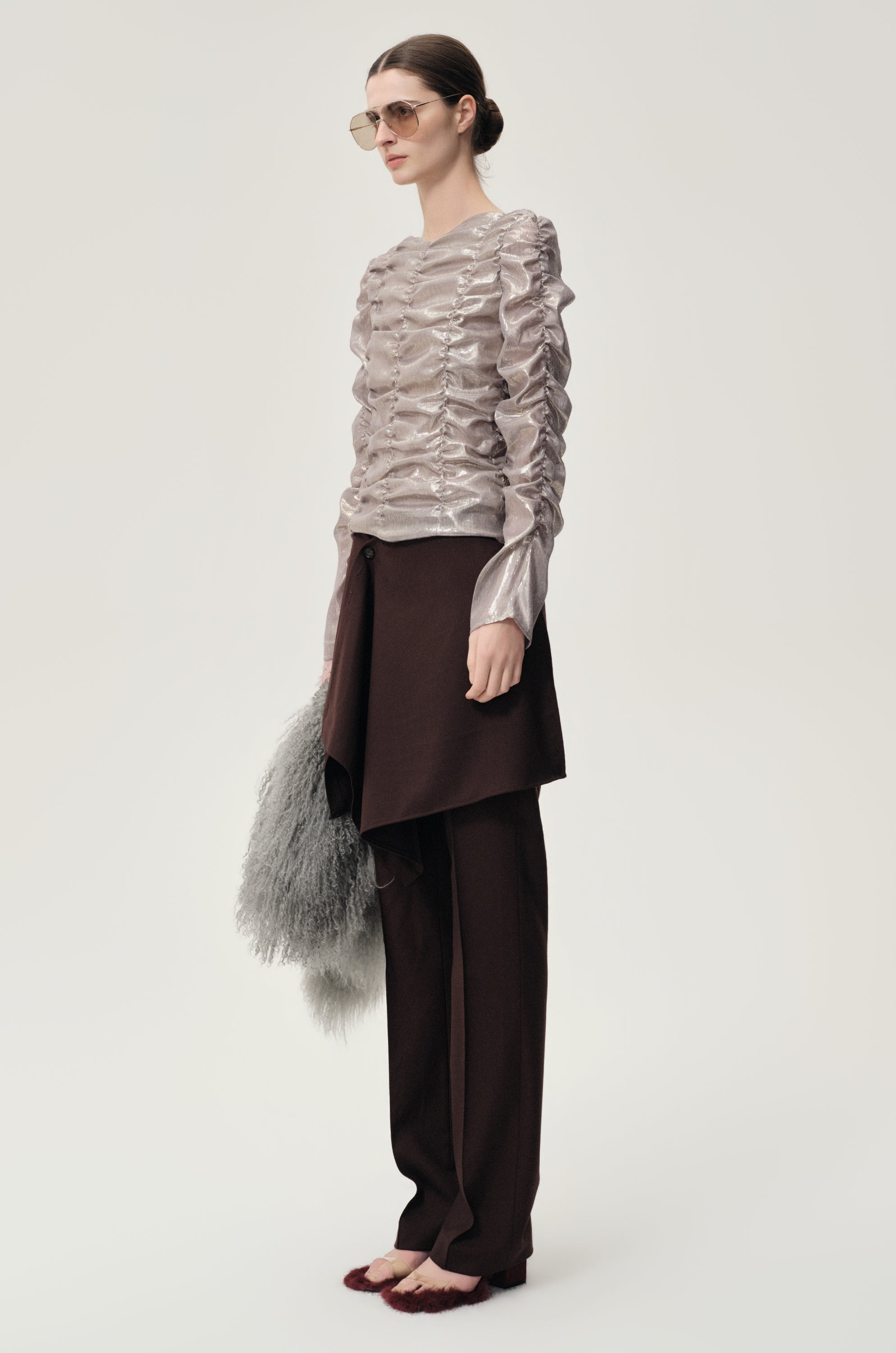 Metallic Silk Elastic Gathered Blouse Silver