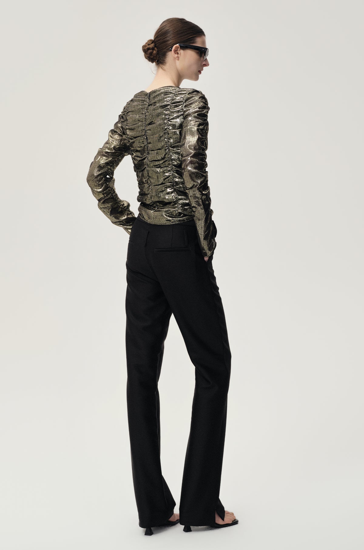Metallic Silk Elastic Gathered Blouse Gold