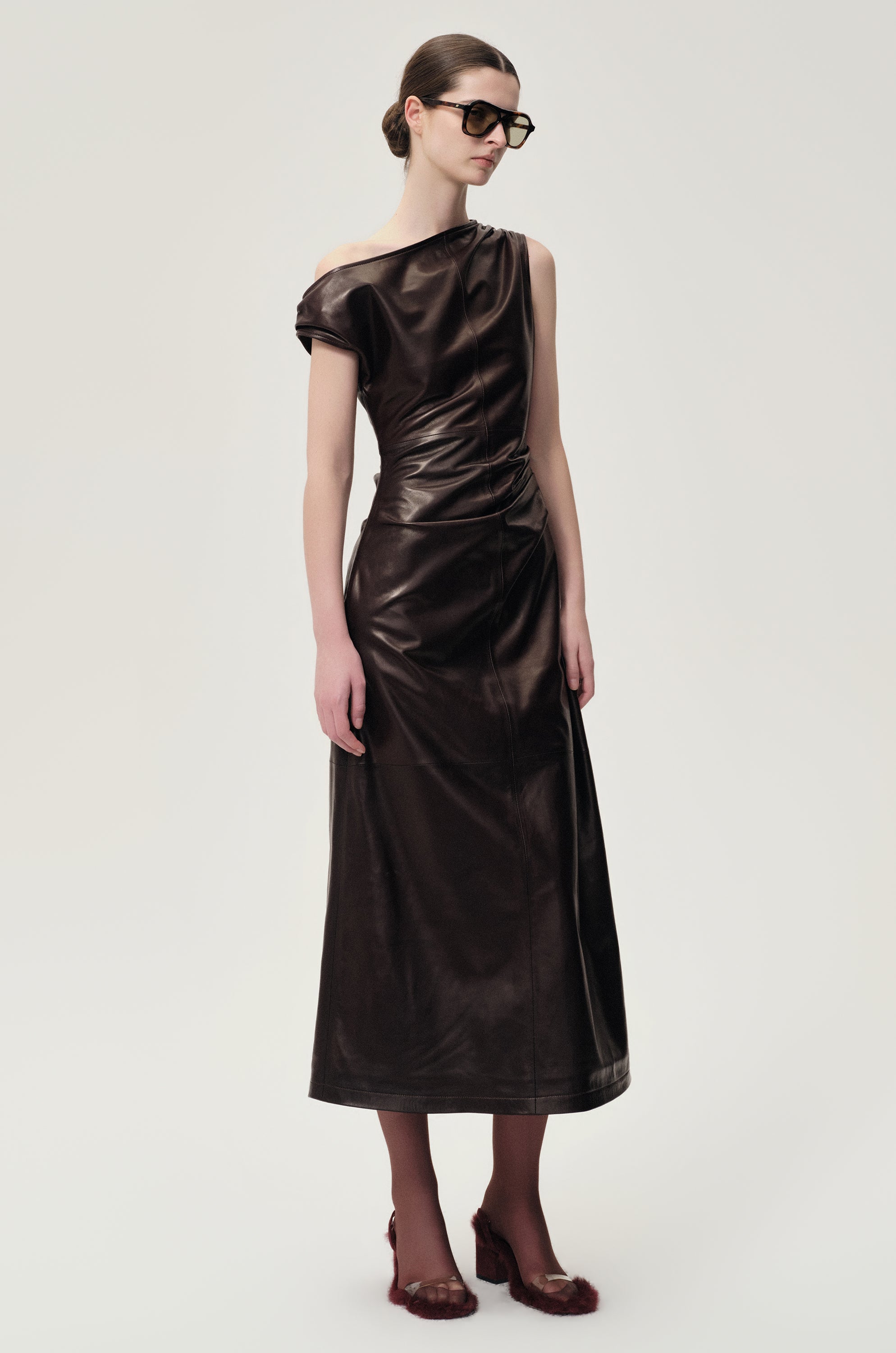 One-shoulder Draped Lambskin Dress Rum