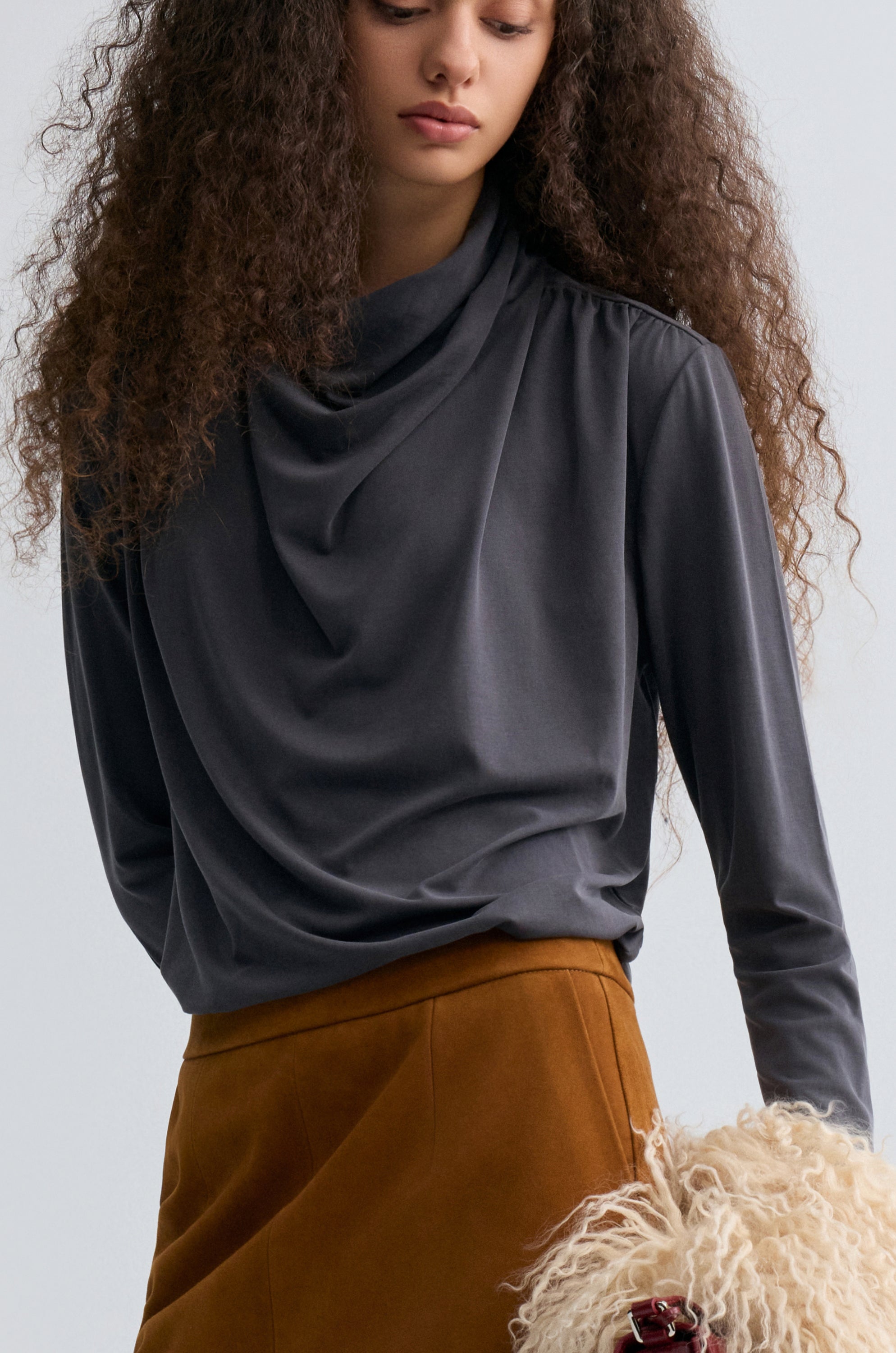 Cowl Jersey Top Heather Grey