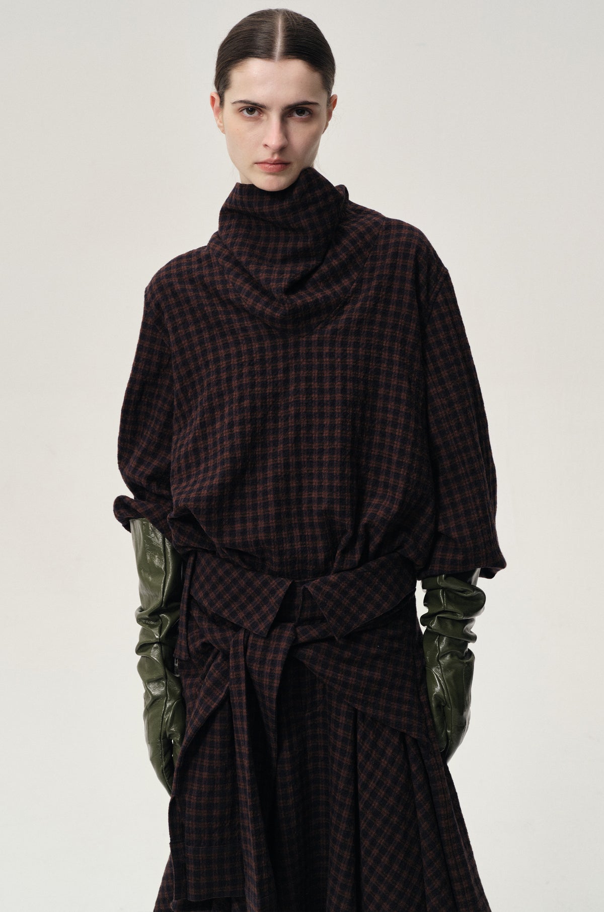 Check Scarf Wool Top Navy/Rum