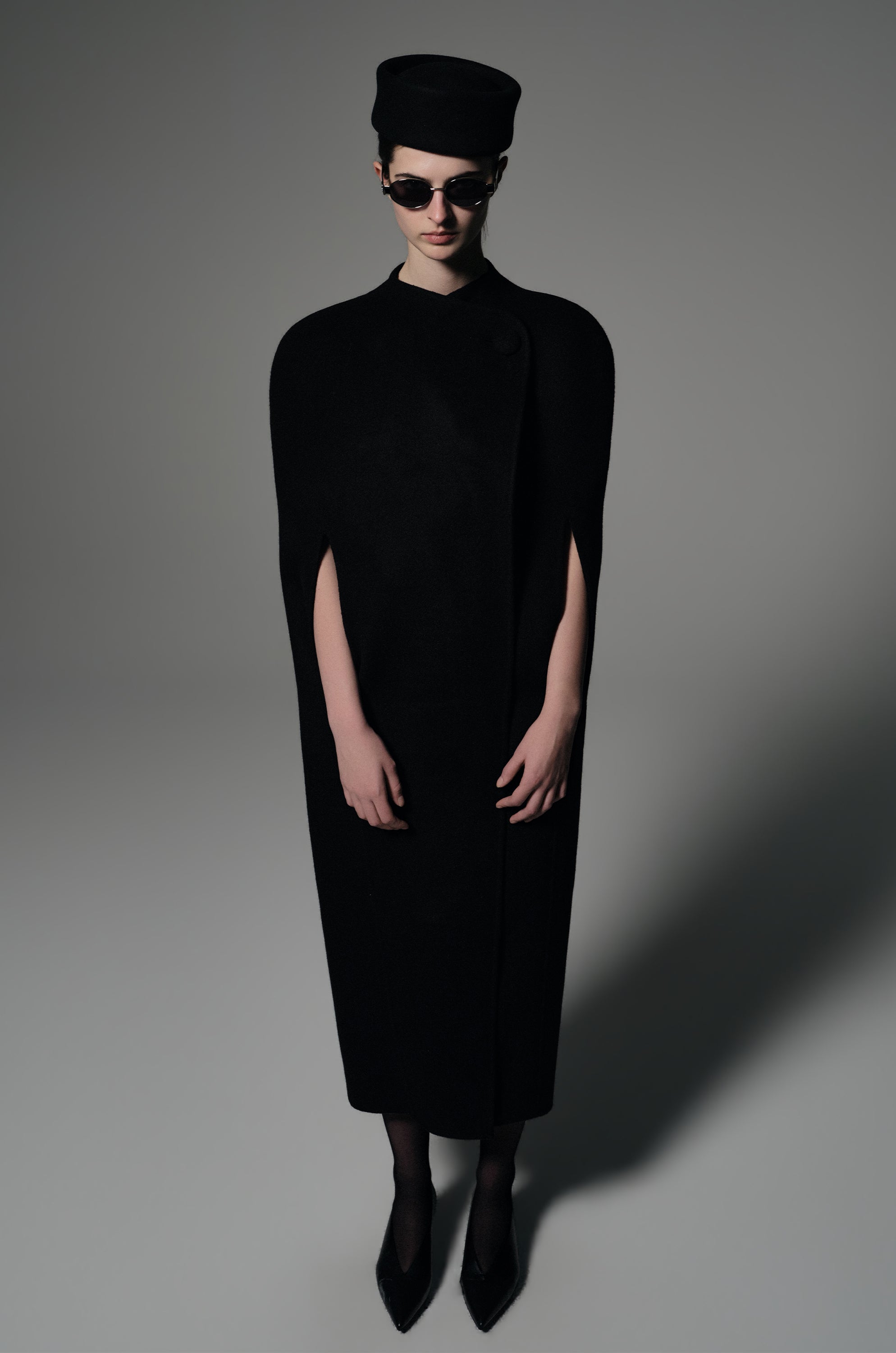 Double-faced Sculptural Wool Cape Coat Black