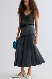 Double-layered Pleated Gabardine Skirt Grey melange