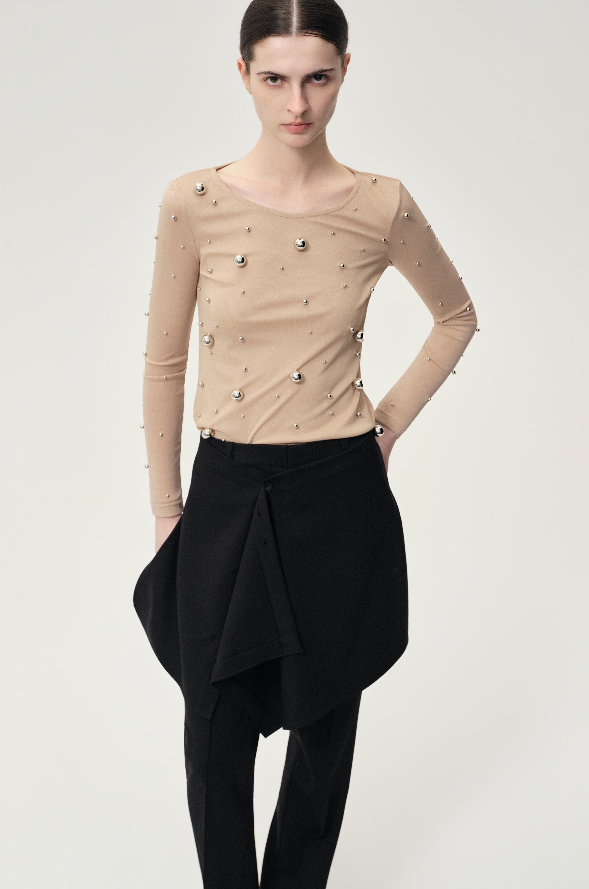 Stud-embellished Mesh Top Nude