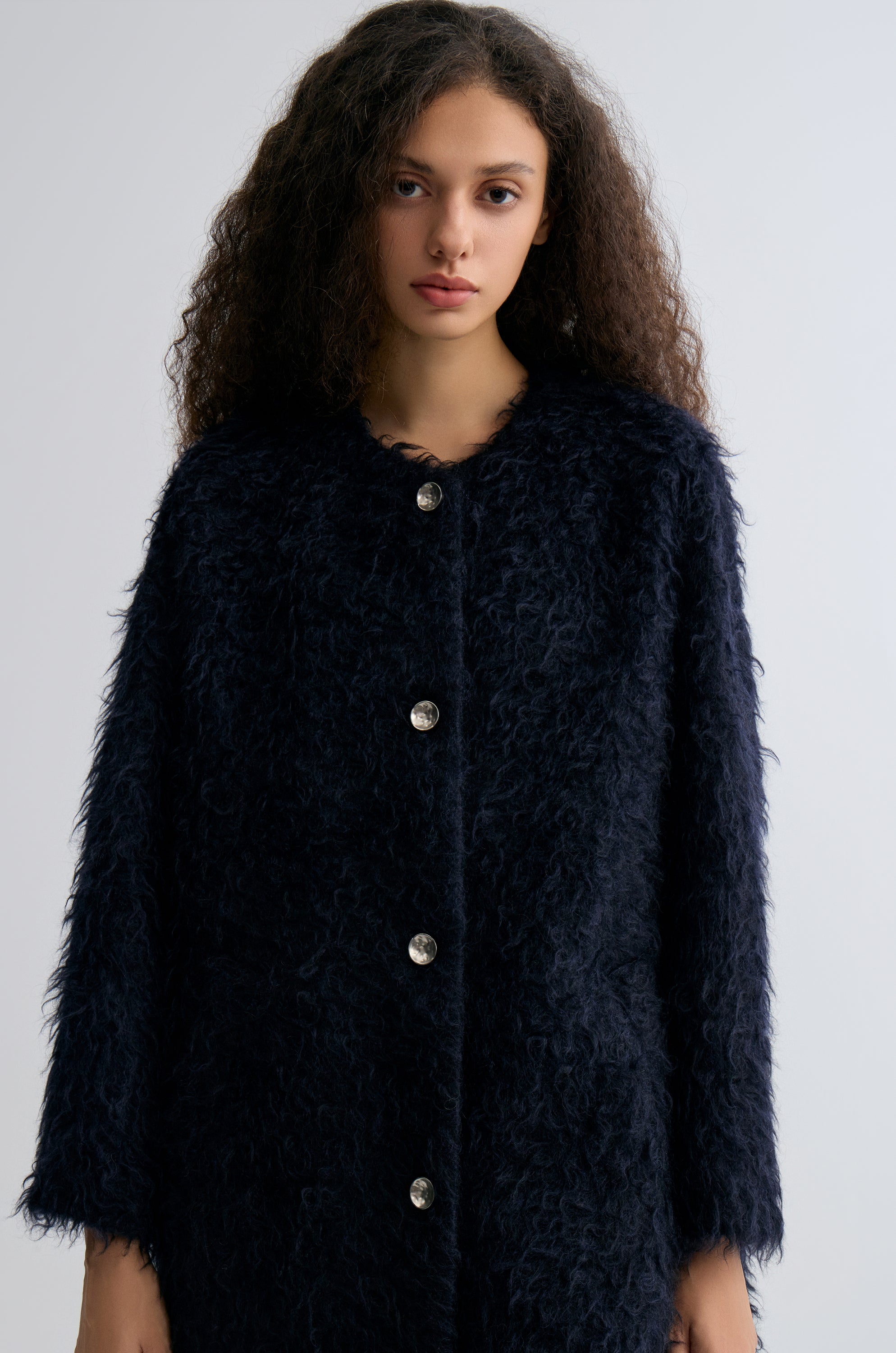 Clara Collarless Coat Dark Blue