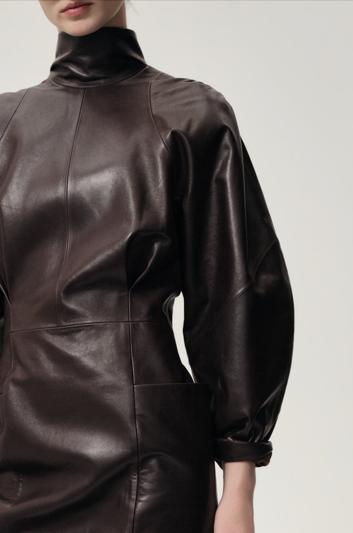 Sculptural Leather Dress Dark Brown