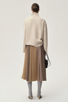Pleated Color-block Skirt Camel