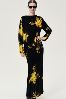 Floral Printed Velvet Skirt in Silk and Viscose Black