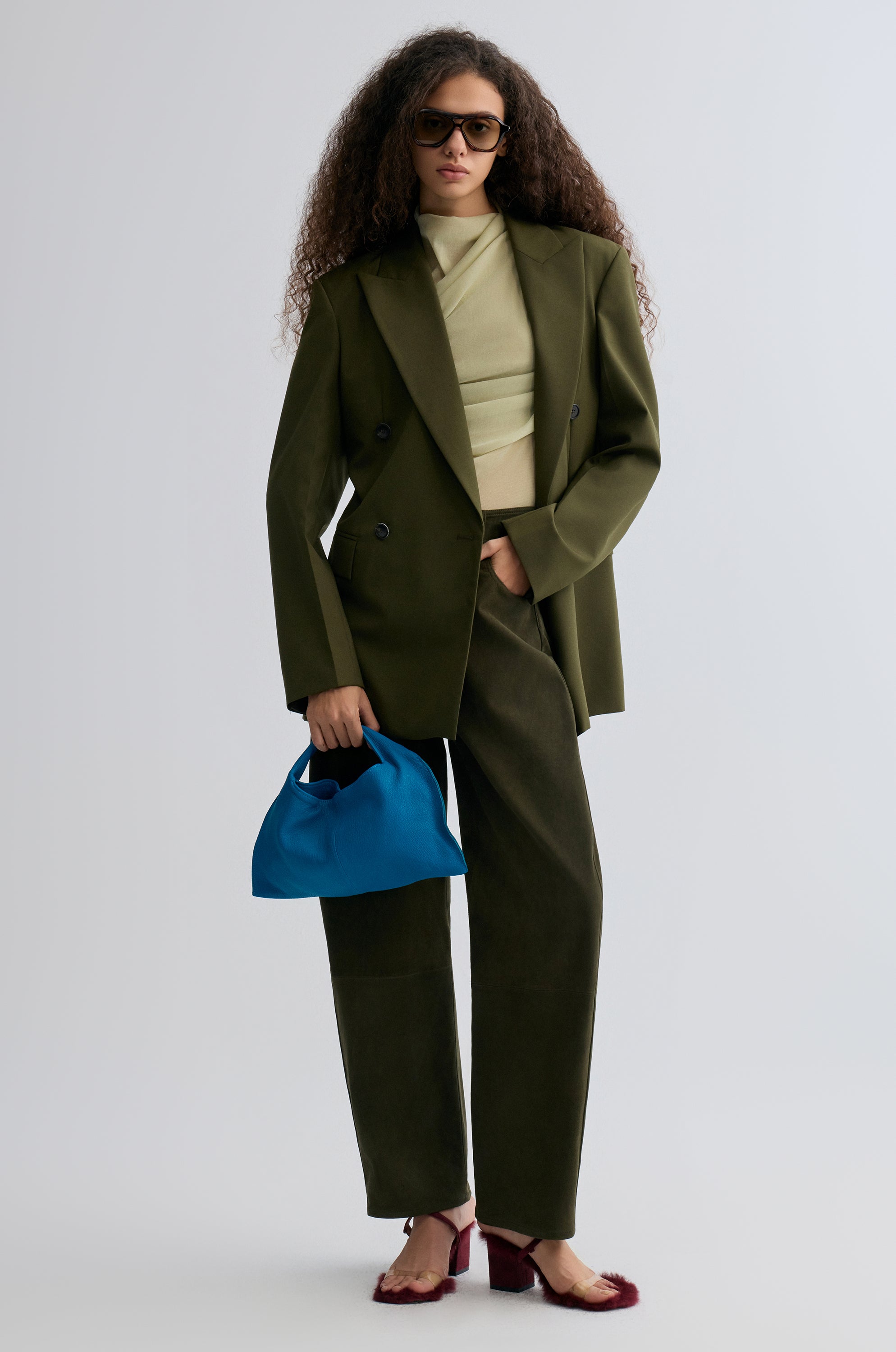 Velvet Mesh Asymmetric Draped Top Lime
