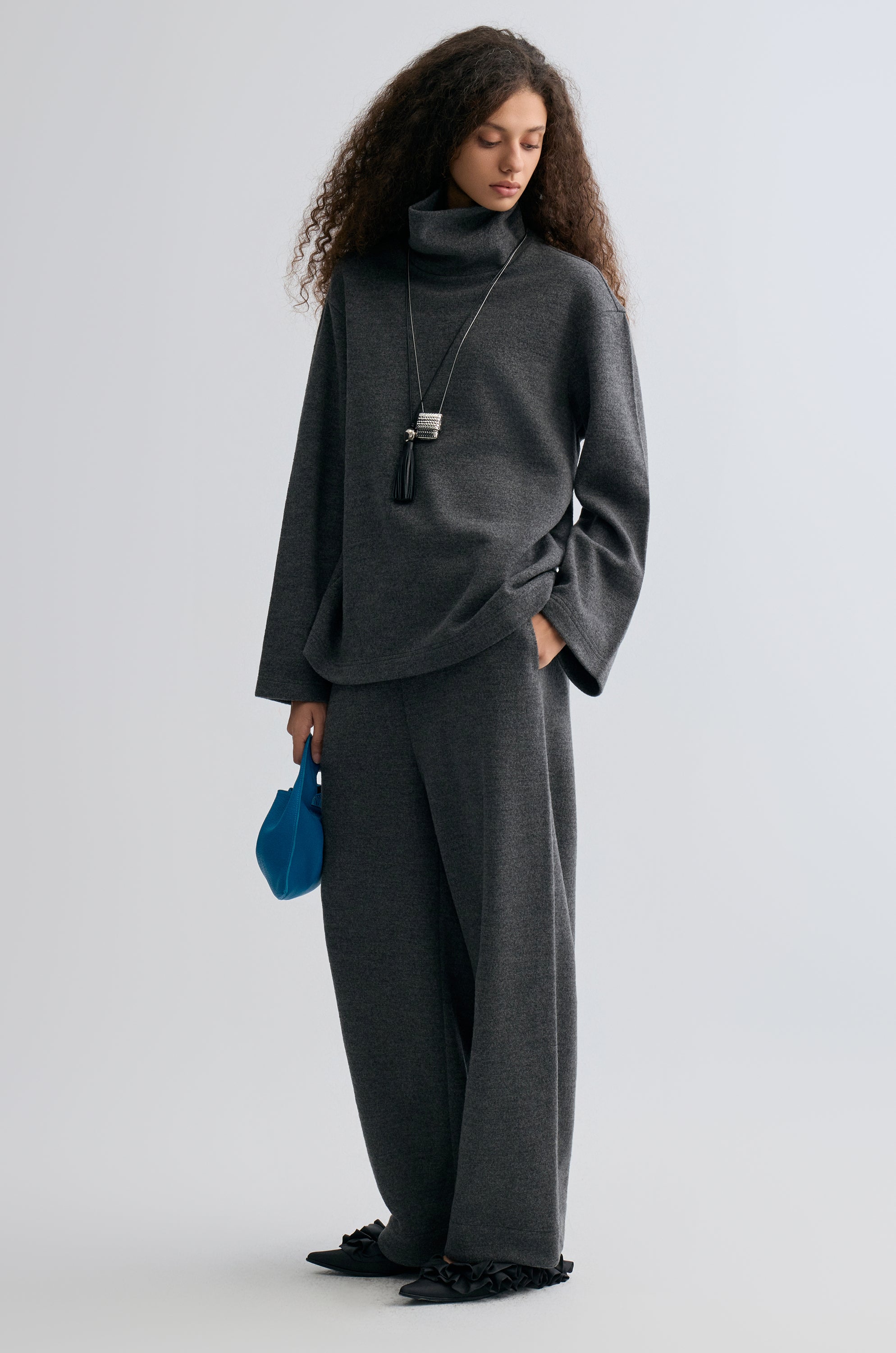 Boxy High Neck Wool Sweater Grey Melange