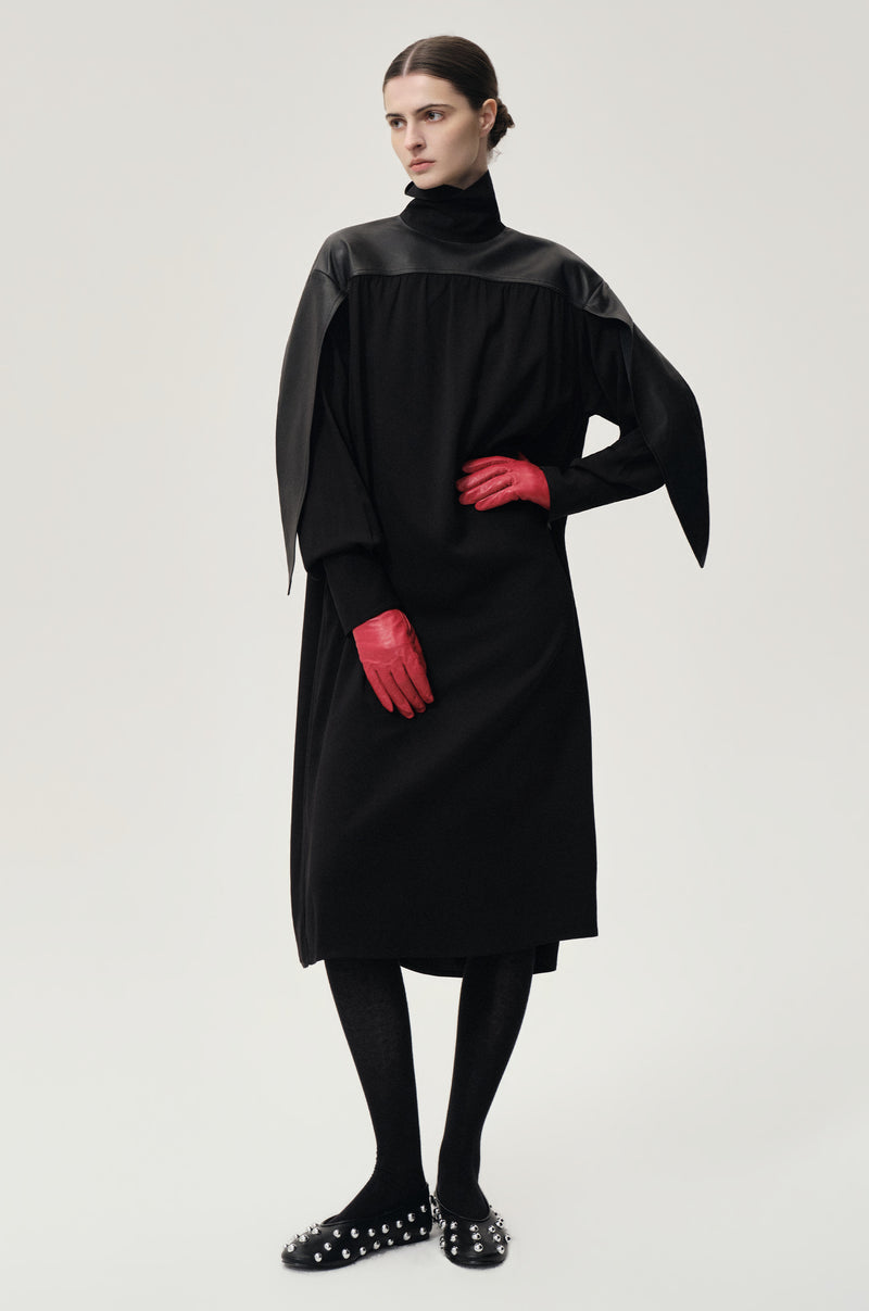 Leather Gathered Dress Black
