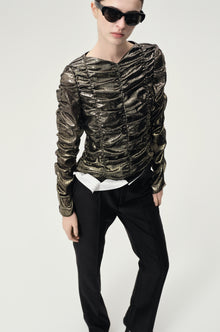 Metallic Silk Elastic Gathered Blouse Gold