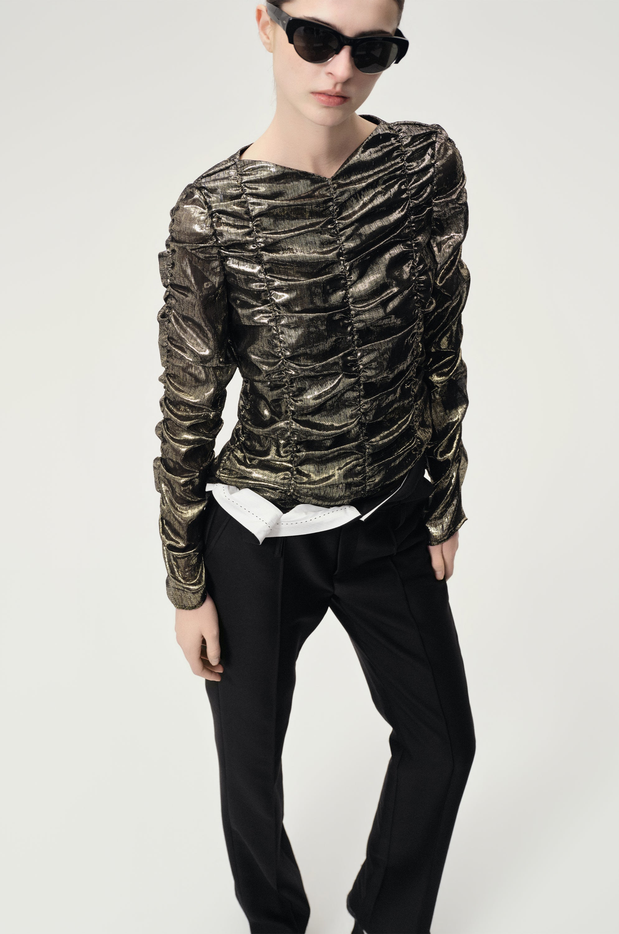 Metallic Silk Elastic Gathered Blouse Gold