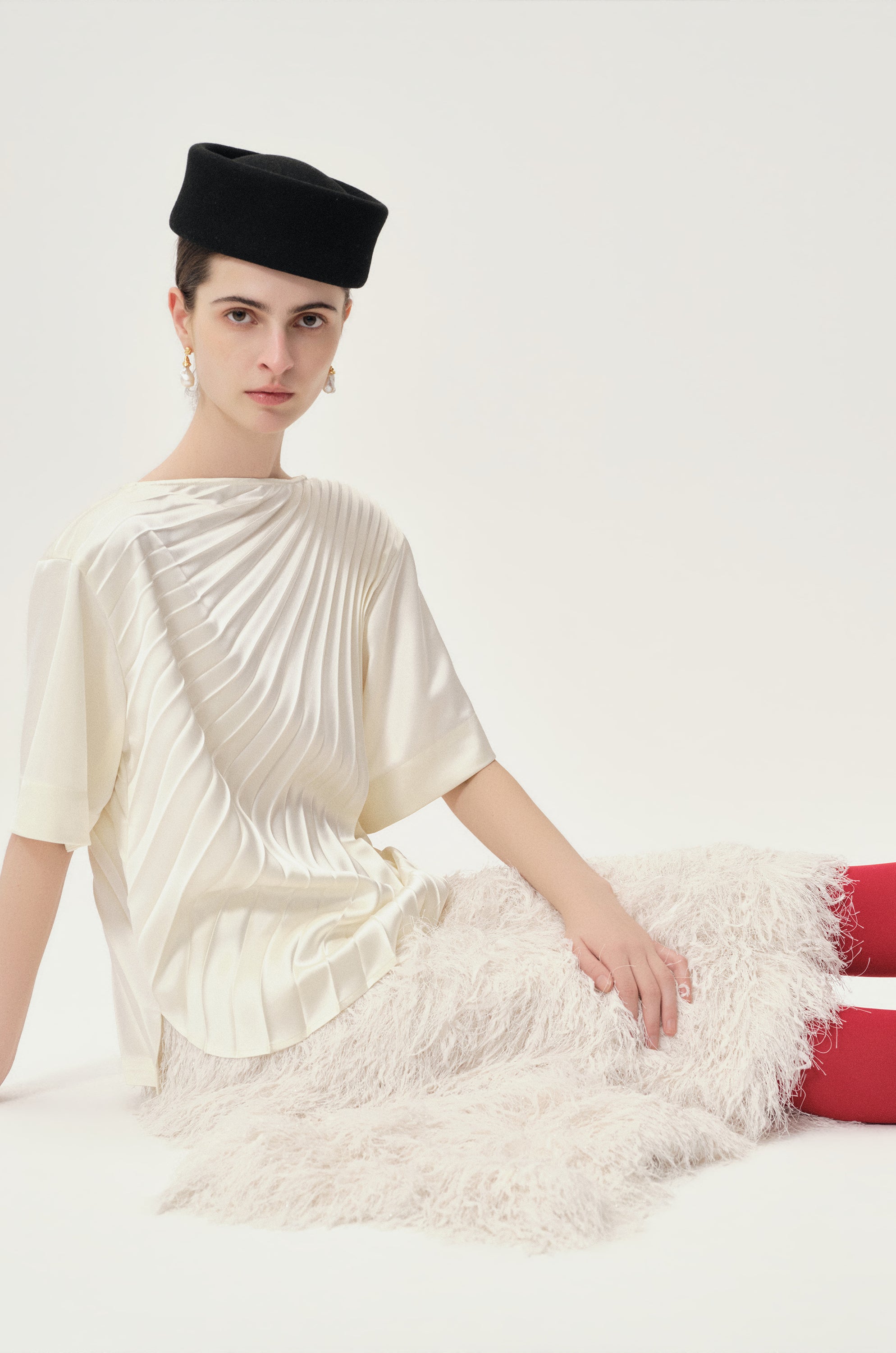 Asymmetrical Pleated Blouse Ecru