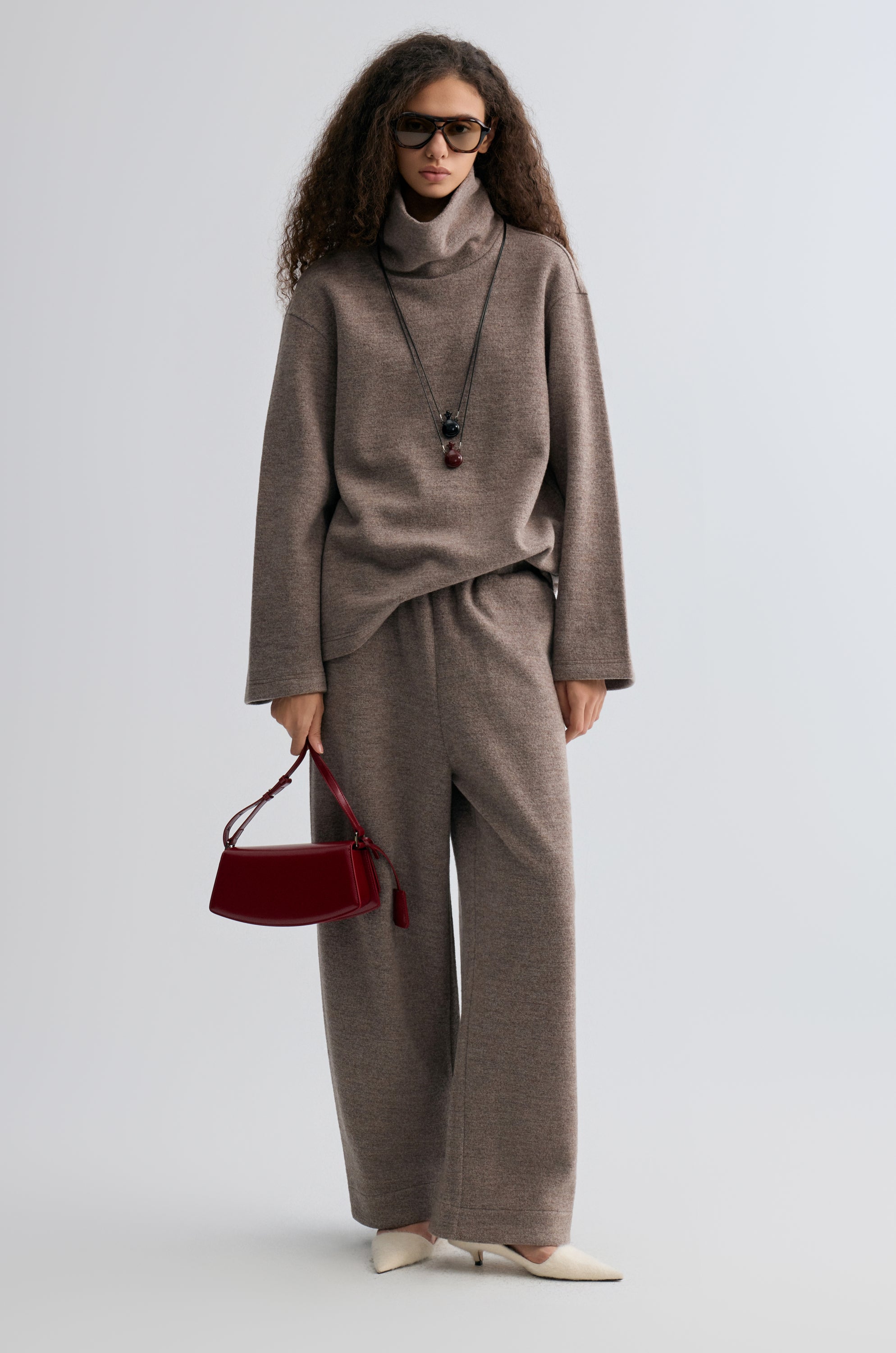 Boxy High Neck Wool Sweater Taupe Melange