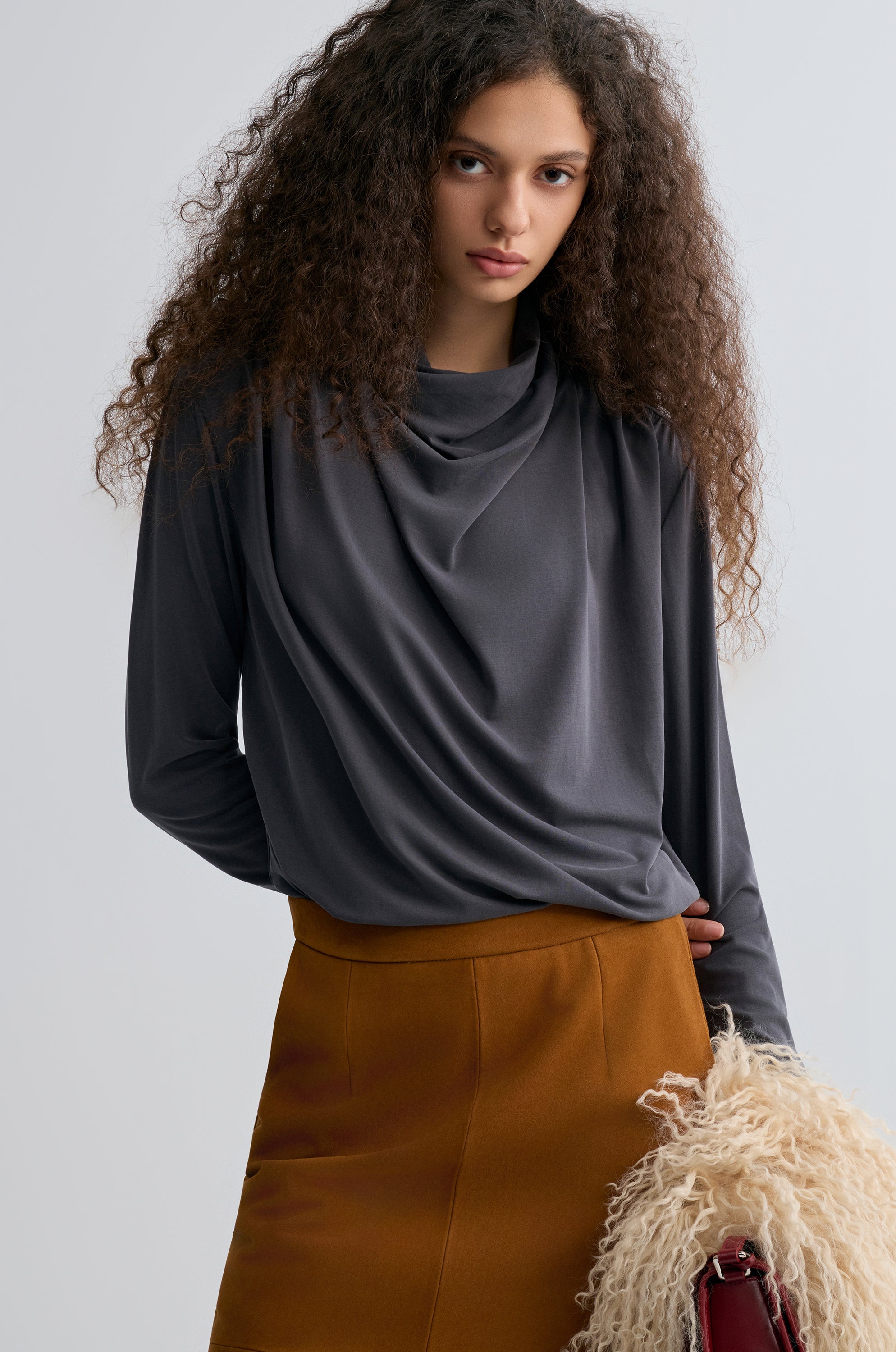 Cowl Jersey Top Heather Grey