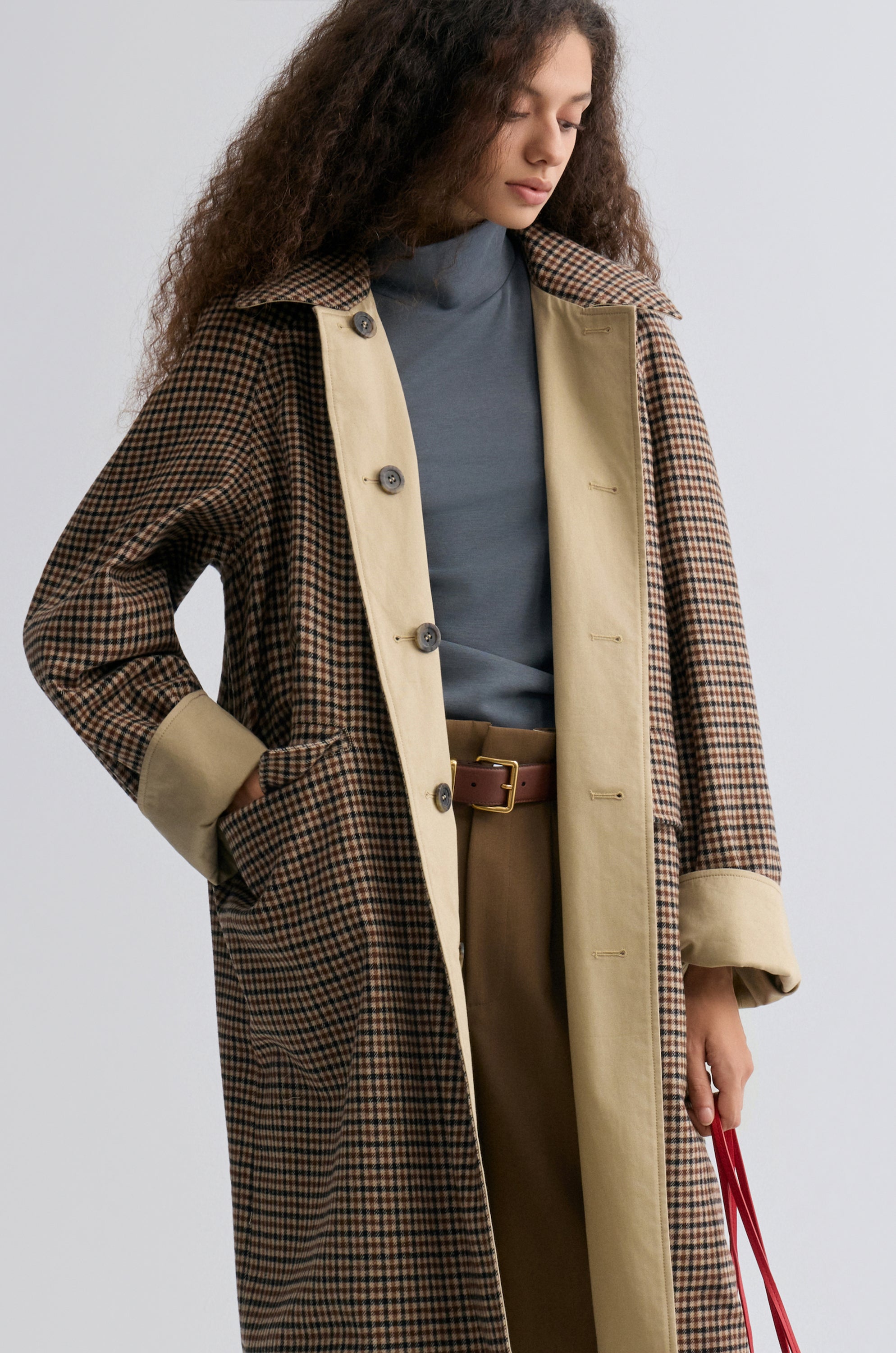 Reversible Twill and Check Trench Coat