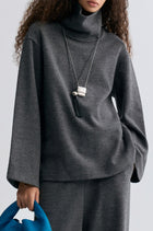 Boxy High Neck Wool Sweater Grey Melange