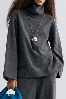 Boxy High Neck Wool Sweater Grey Melange
