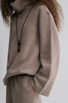 Boxy High Neck Wool Sweater Taupe Melange