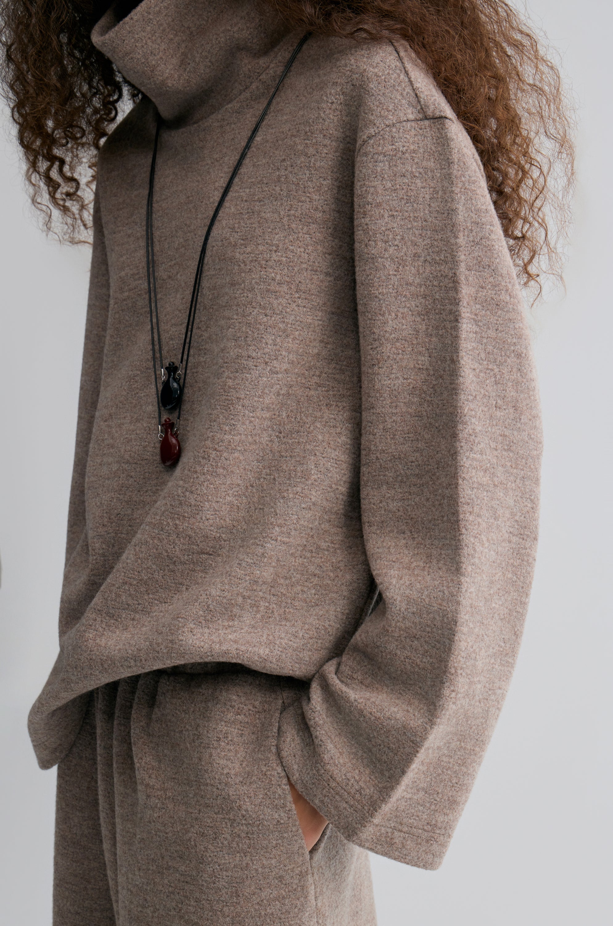 Boxy High Neck Wool Sweater Taupe Melange