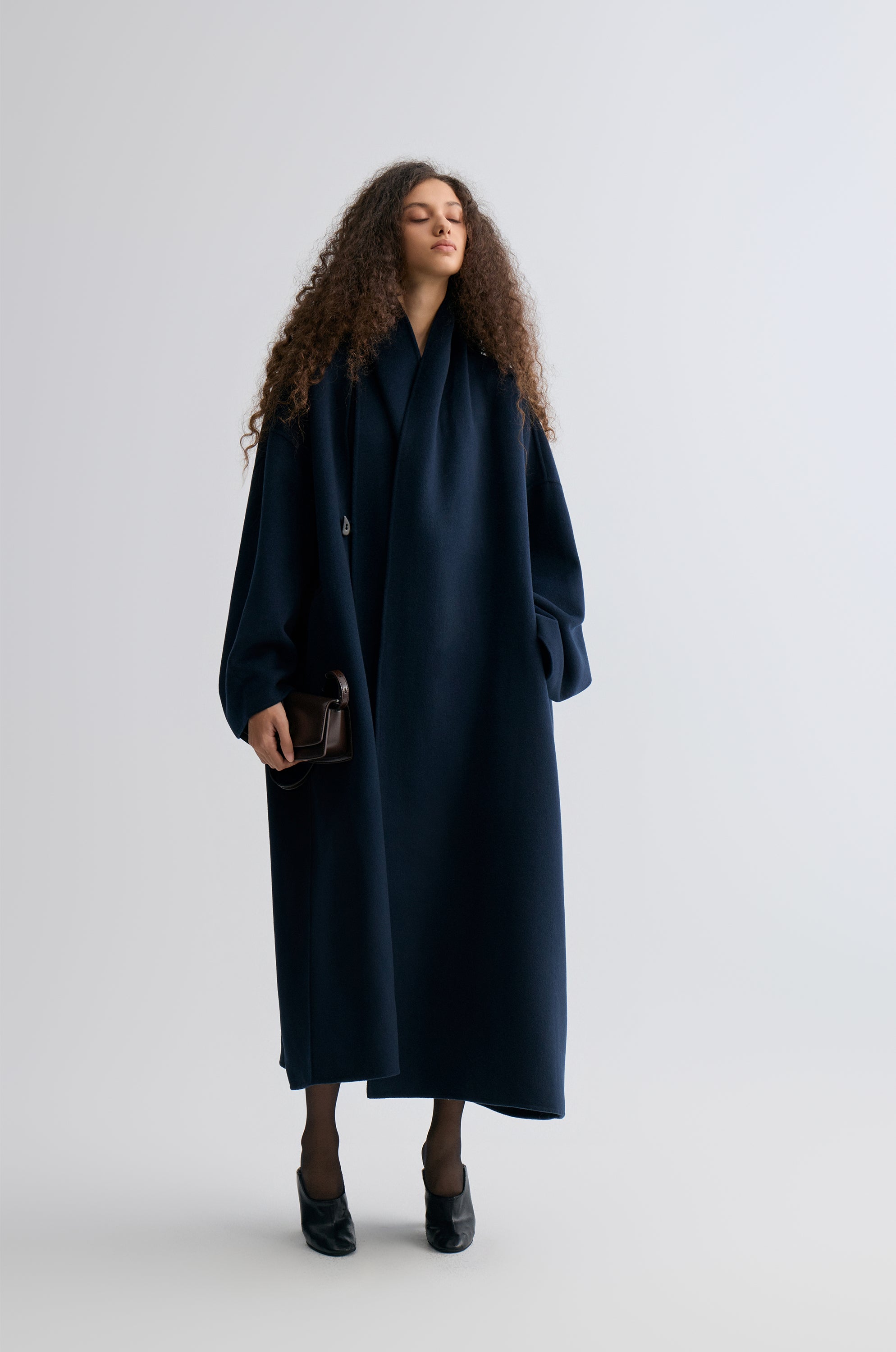 Oversized Double-faced Scarf Coat Navy