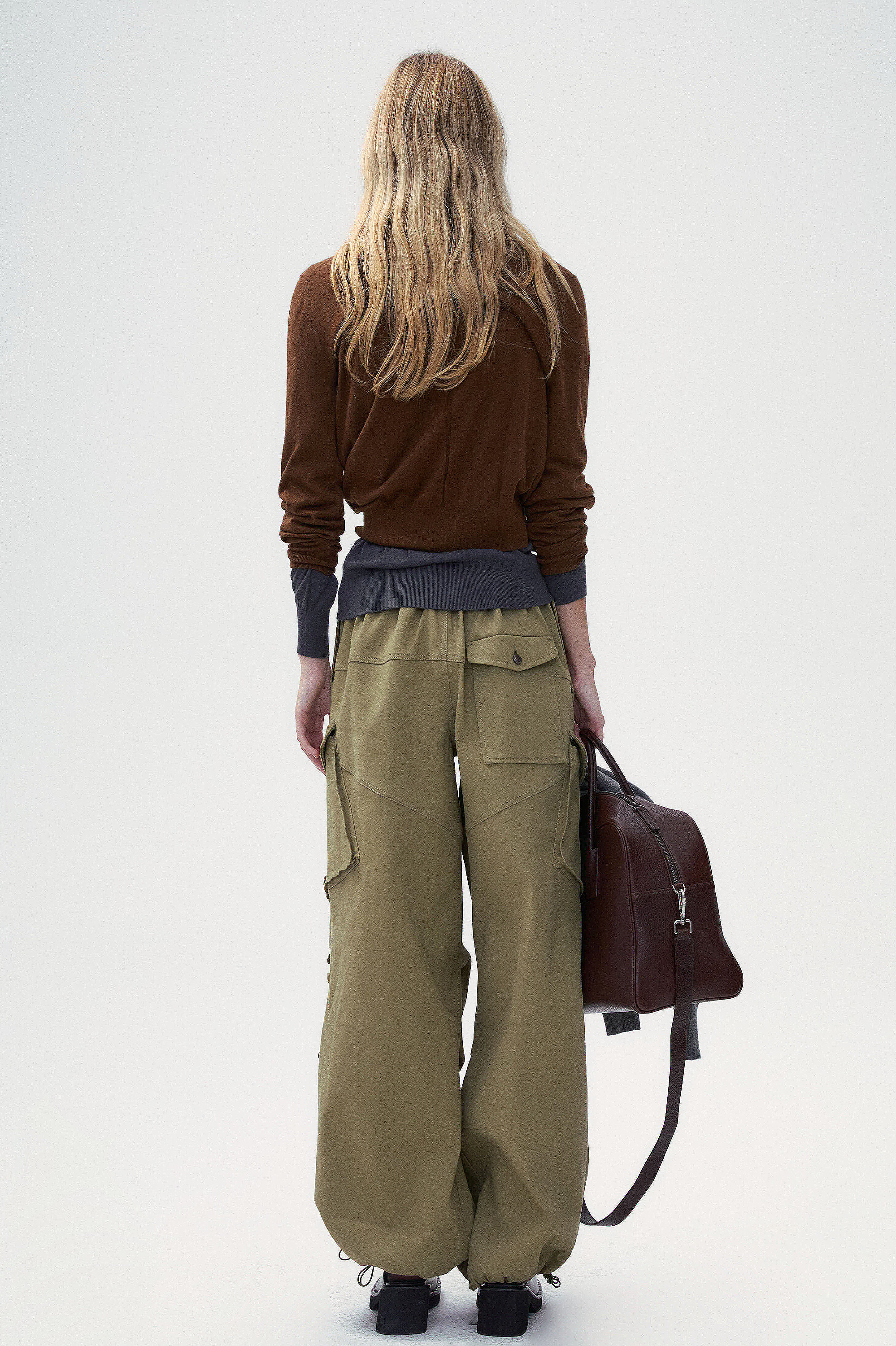 Khaki Cotton Twill Cargo Wide Pants