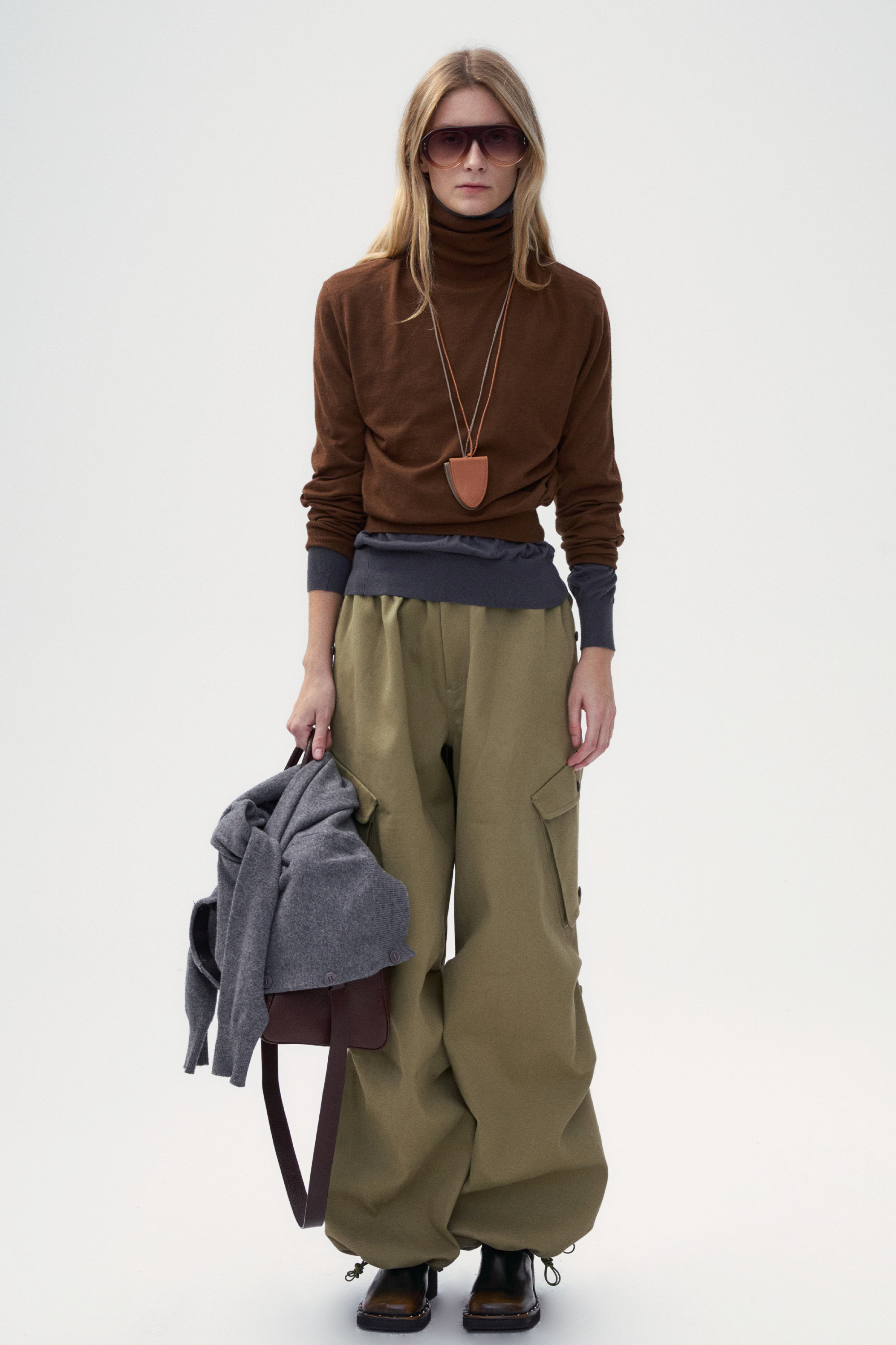 Khaki Cotton Twill Cargo Wide Pants