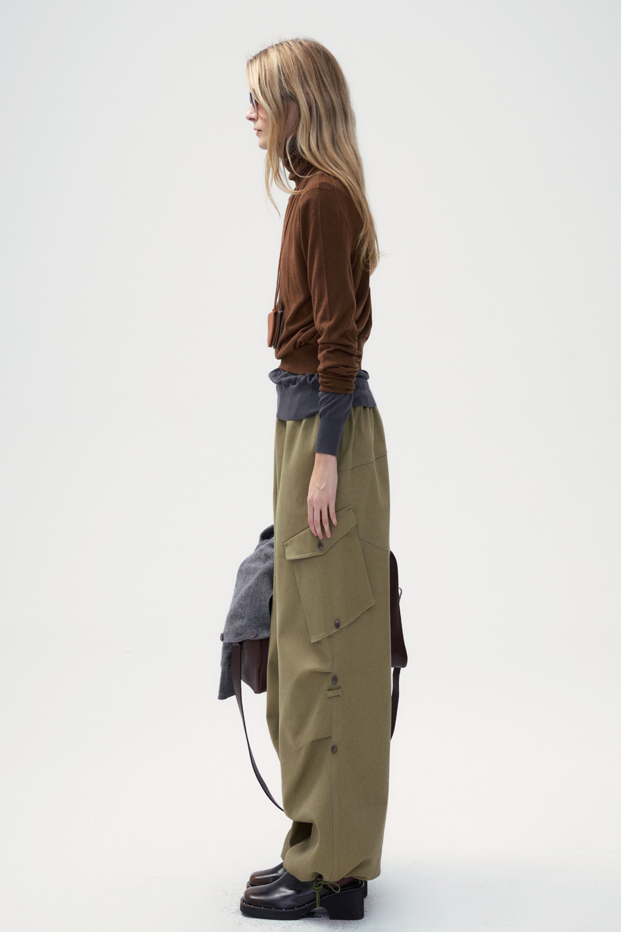 Khaki Cotton Twill Cargo Wide Pants