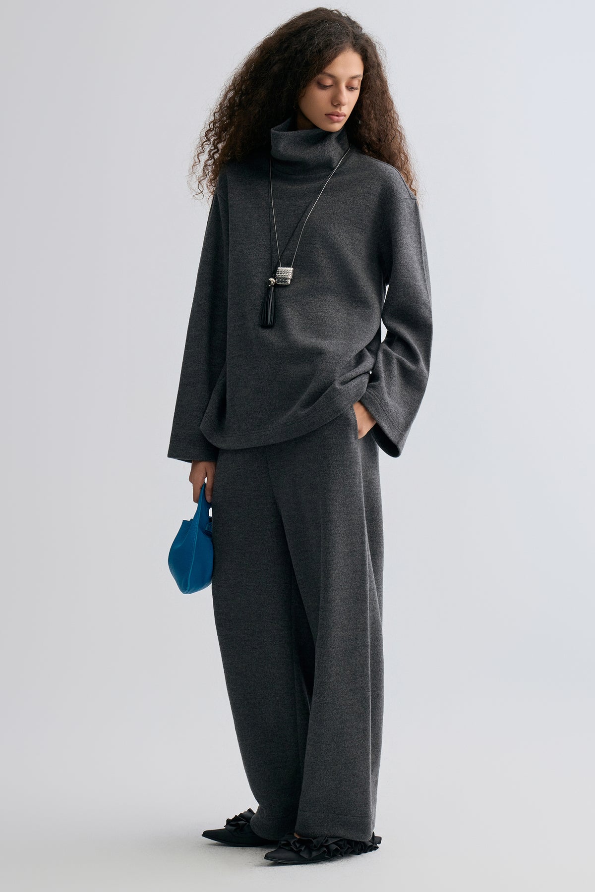 Boxy High Neck Wool Sweater Grey Melange